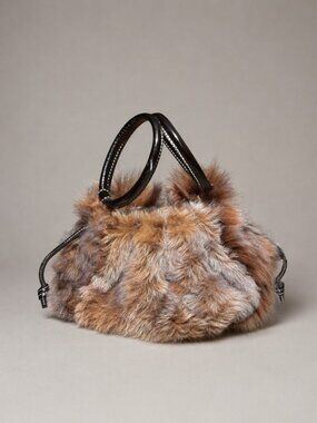 Kate Spade Faux Fur Drawstring Pouch Bag Brown Ring Handle Patent Trim